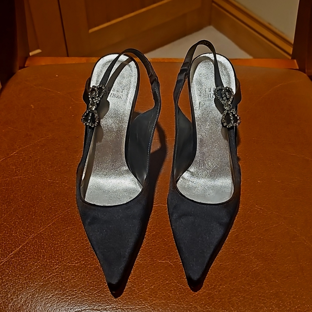 Stuart Weitzman point toe slingback heels with rhinestone bow